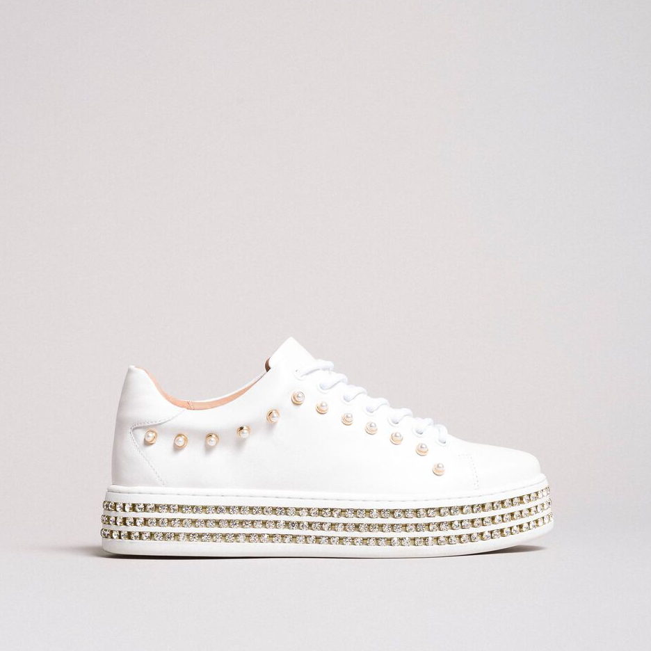 Leather sneakers with rhinestones and pearls