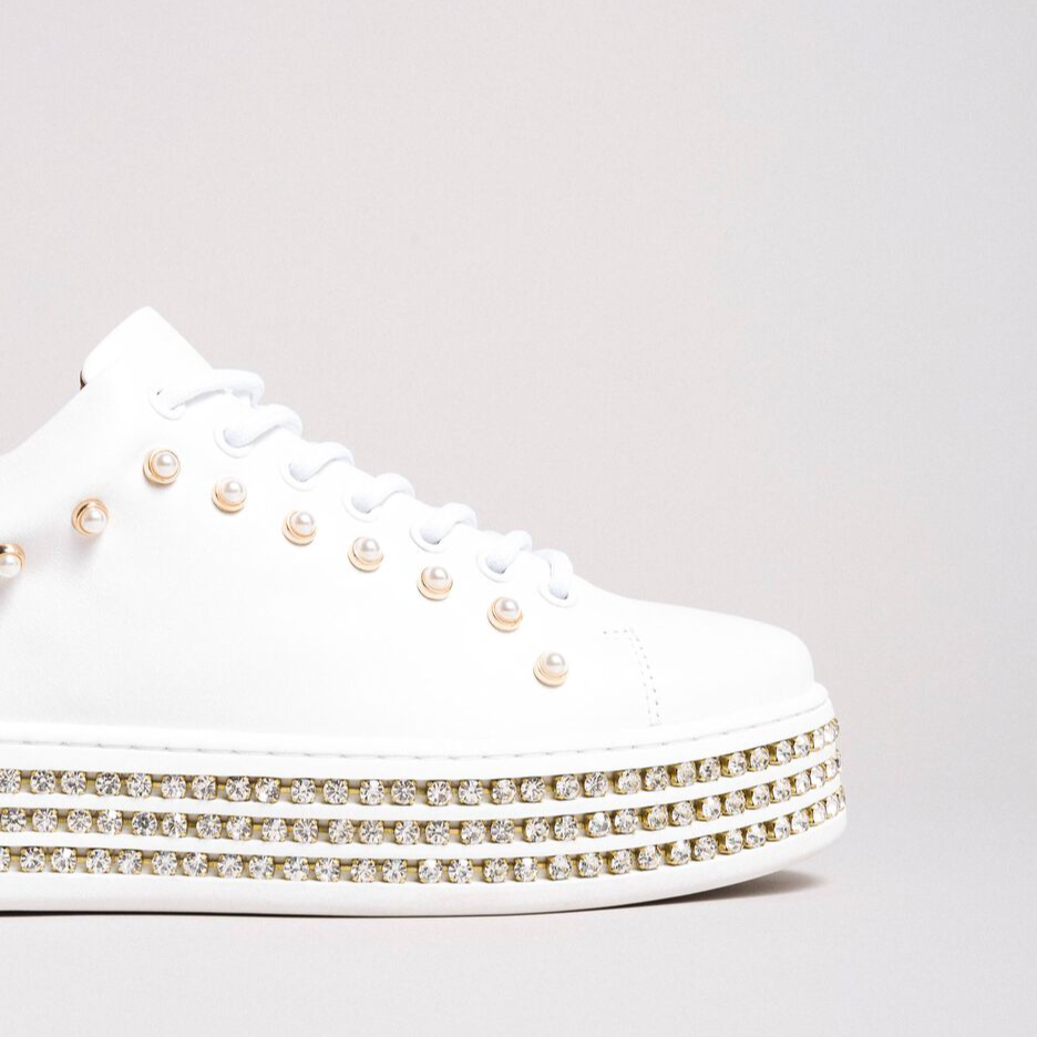 Leather sneakers with rhinestones and pearls