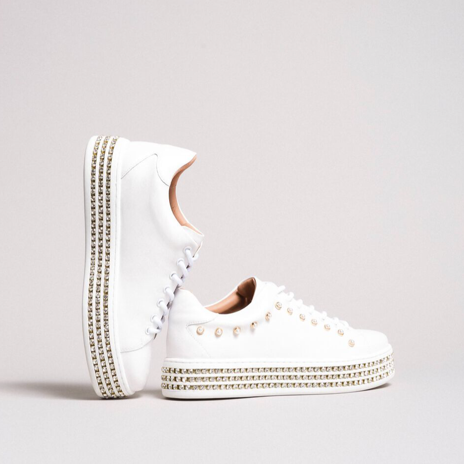 Leather sneakers with rhinestones and pearls