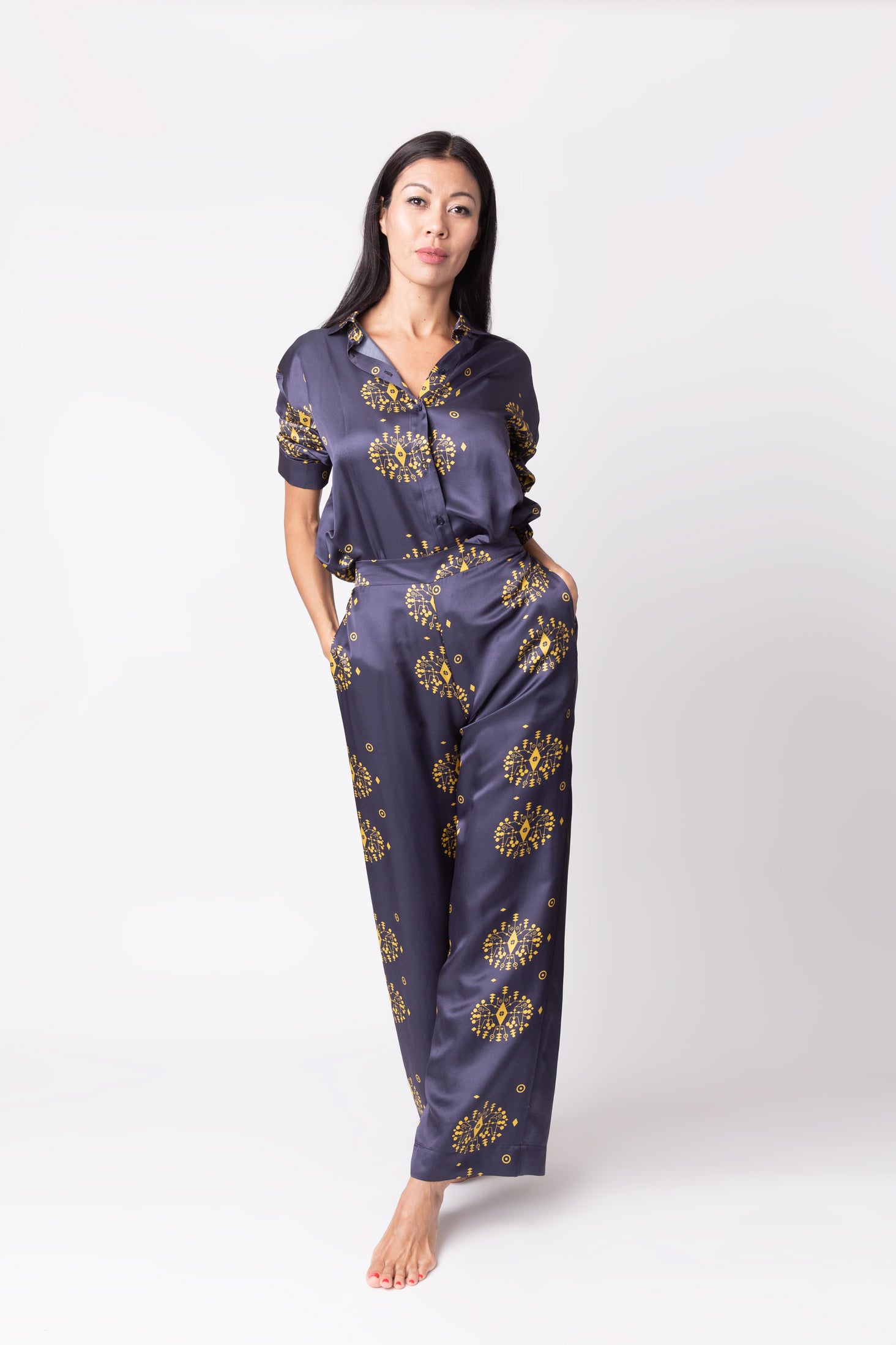 Navy and yellow Silk Top -  Pyjama set