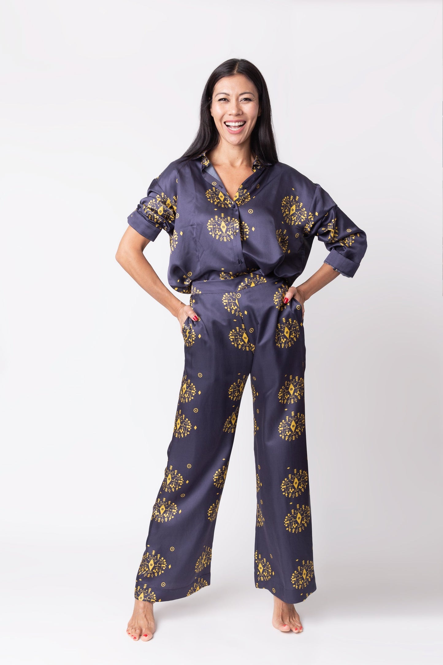 Navy and yellow Silk Trousers -  Pyjama set