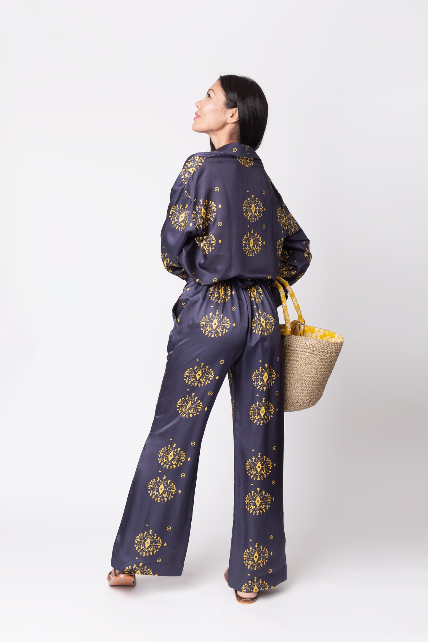 Navy and yellow Silk Top -  Pyjama set