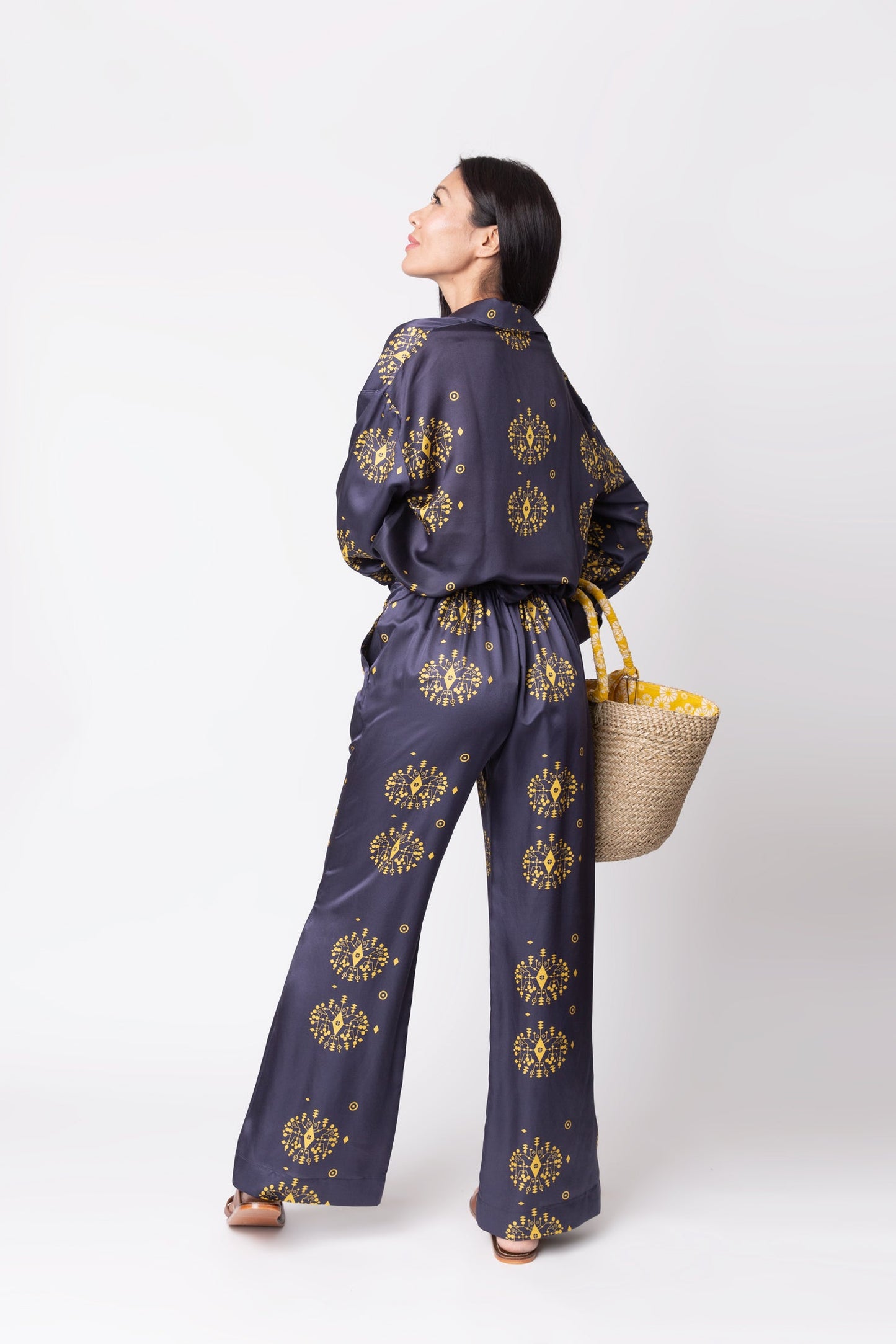 Navy and yellow Silk Trousers -  Pyjama set