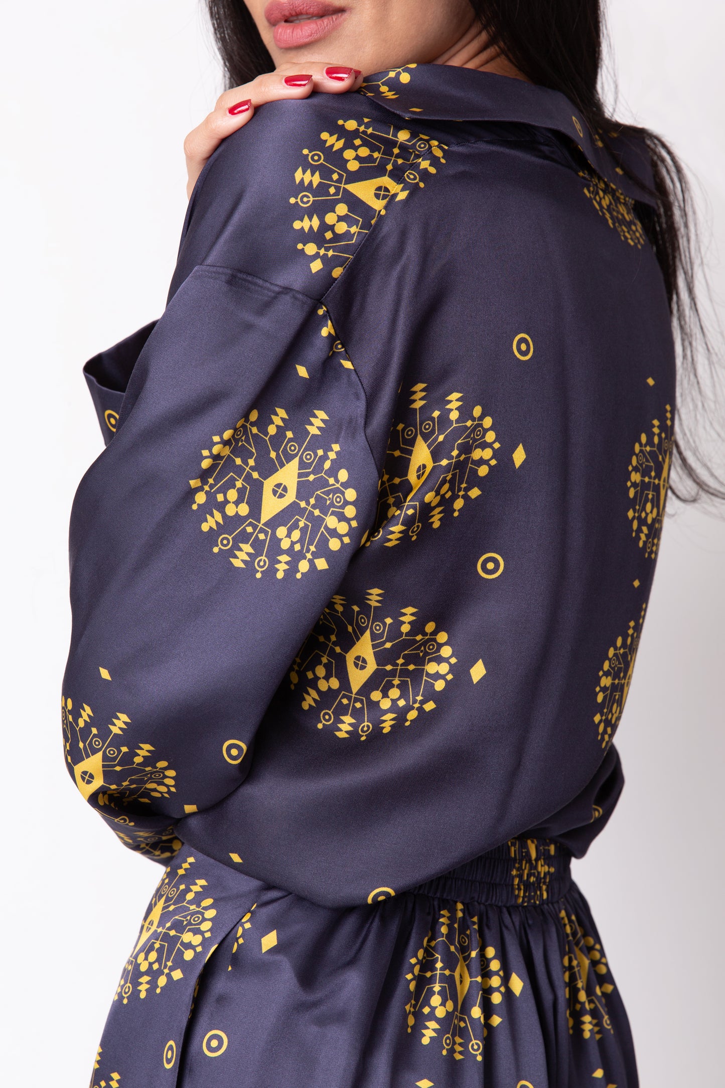 Navy and yellow Silk Top -  Pyjama set