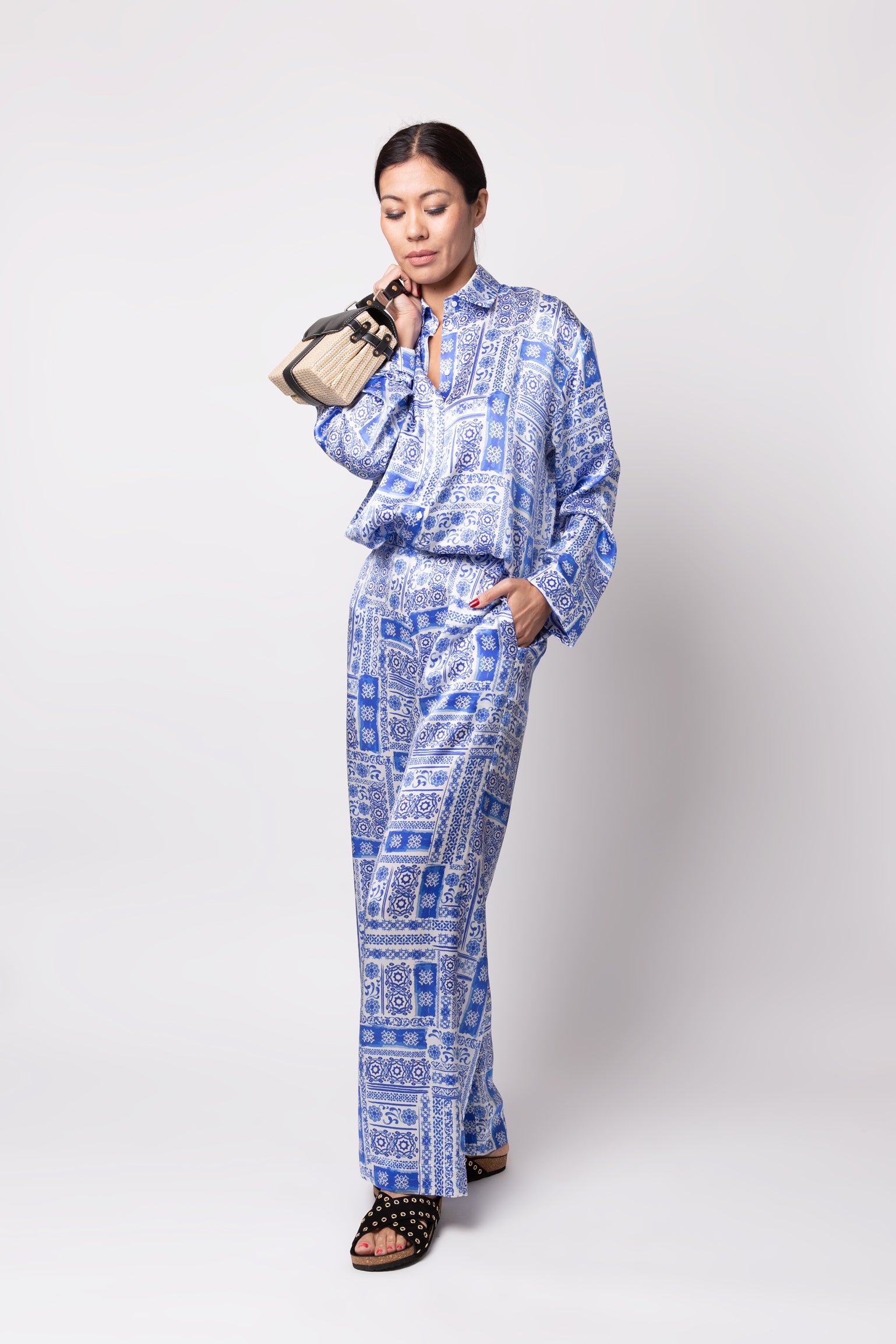 Martina London Logo Silk Shirt - Pyjama Set in Blue