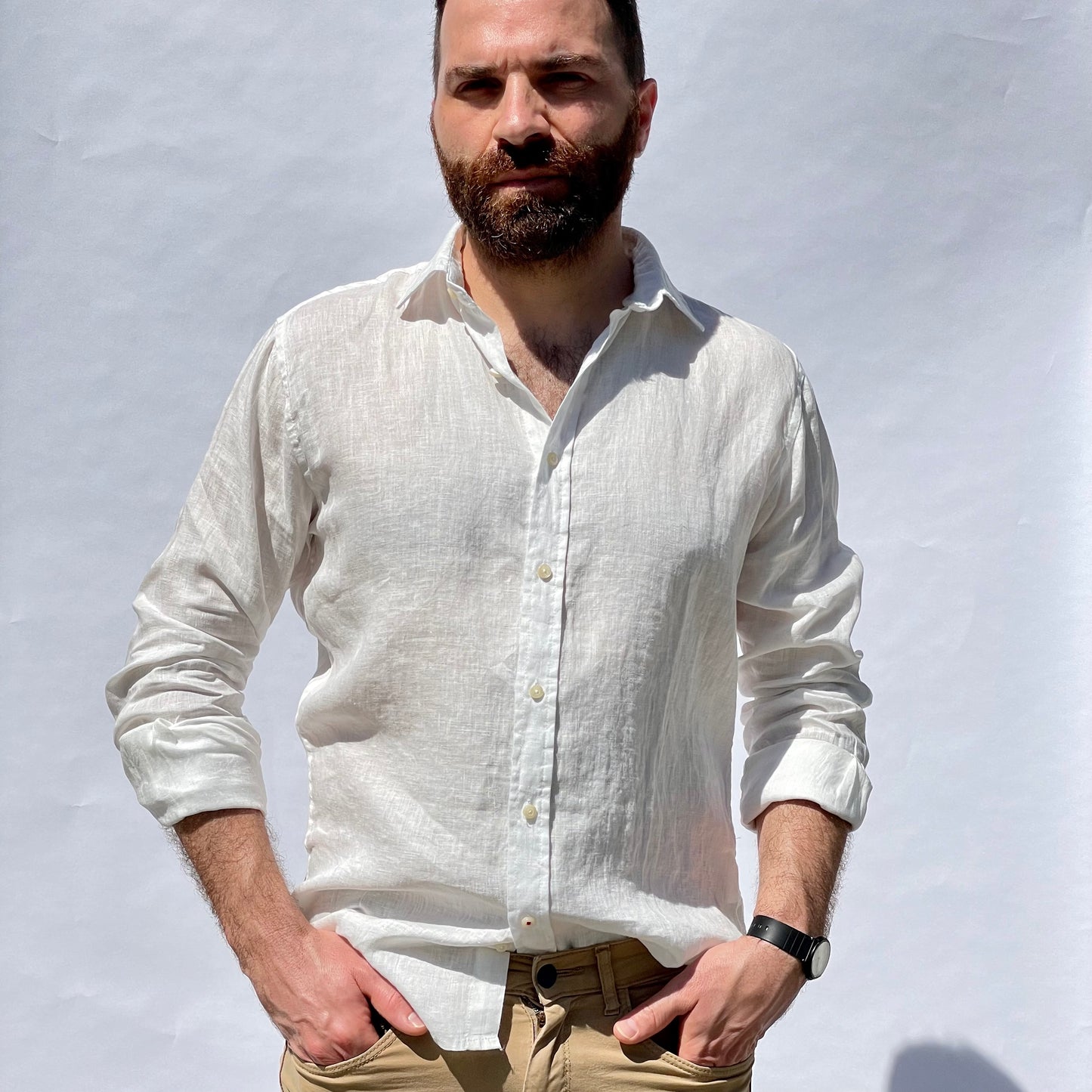 White Linen Korean Collar Shirt