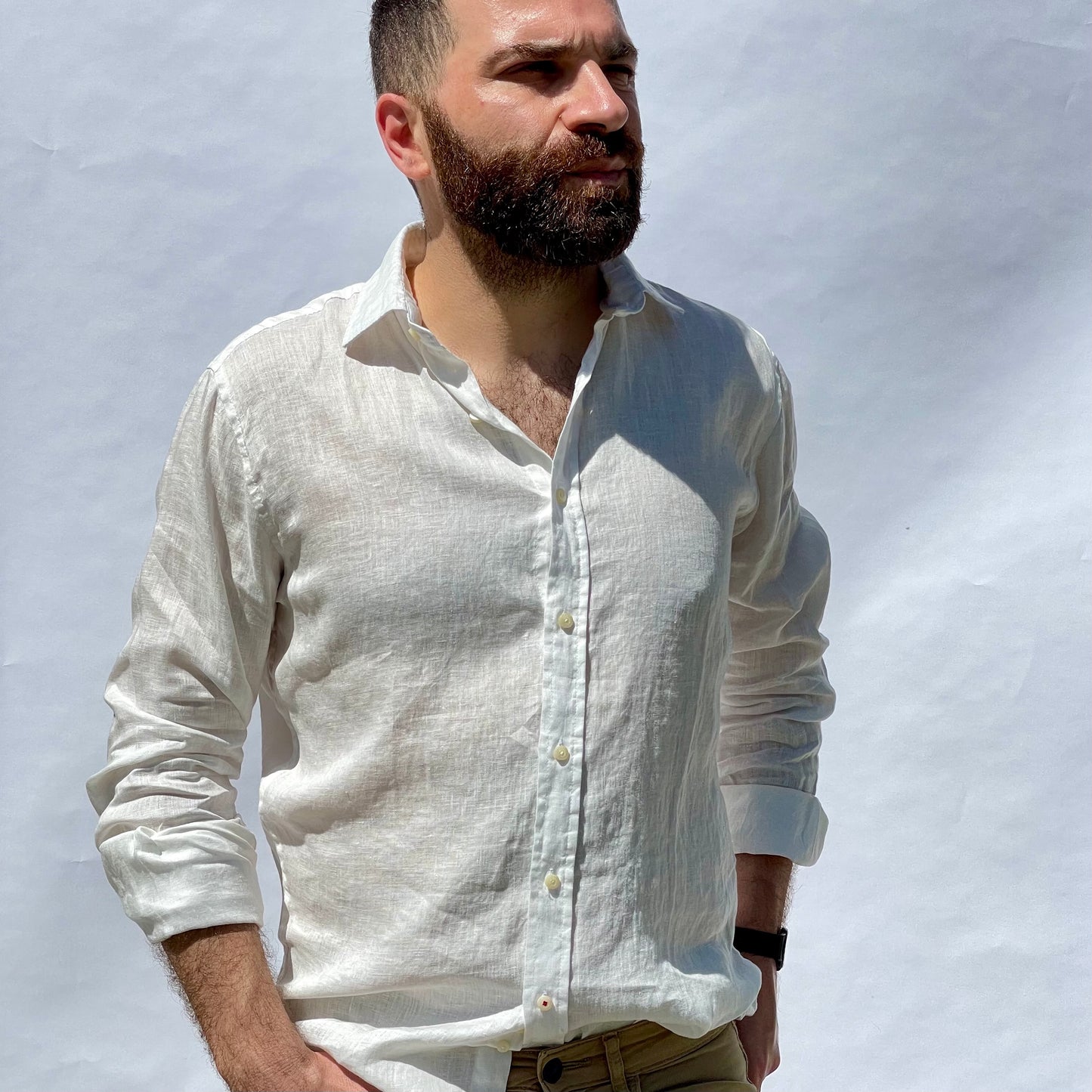 White Linen Korean Collar Shirt
